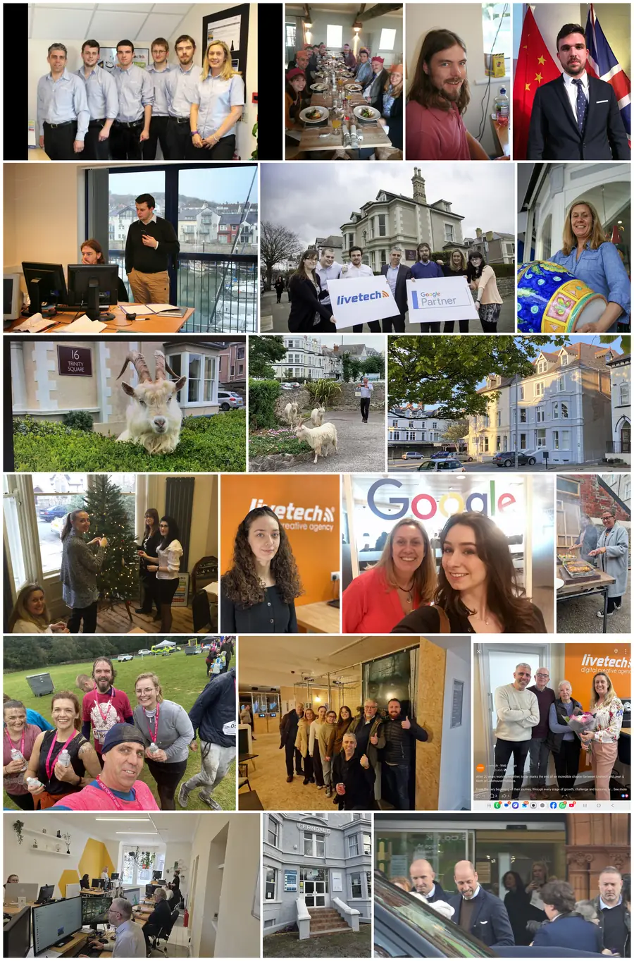Collage of Livetech through the years: the early team, the Deganwy Quay office, announcing Google Partner status outside 16 Trinity Square, Llandudno's lockdown goats, Ferndale House and the team today