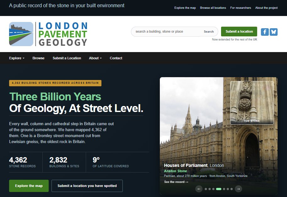 The London Pavement Geology home page after the 2026 upgrade, with the new logo, a photo slider and the headline Three Billion Years of Geology, At Street Level